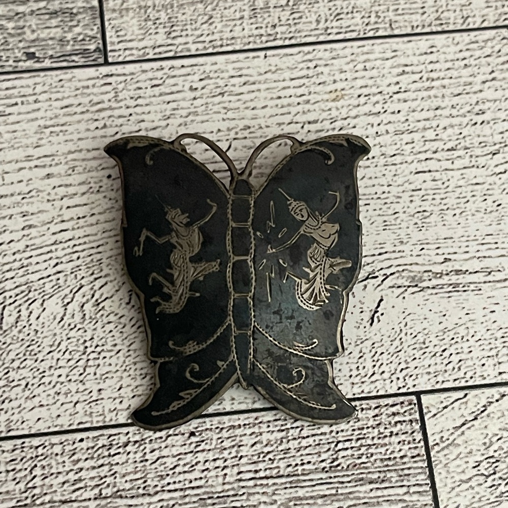 Siam Sterling Silver/Black NIELLO Dancers Butterfly brooch - Picture 4 of 9